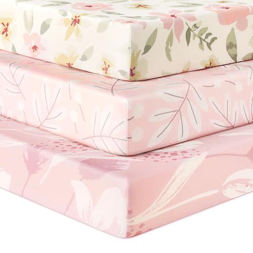 Unnivoll Baby Crib Sheets for Boys Girls, Fitted Crib Sheet Neutral 3 Pack for Standard Crib and Toddler Mattress, Breathable Soft Microfiber Baby Sheet 28x52x8in Pink Flowers & Leaf