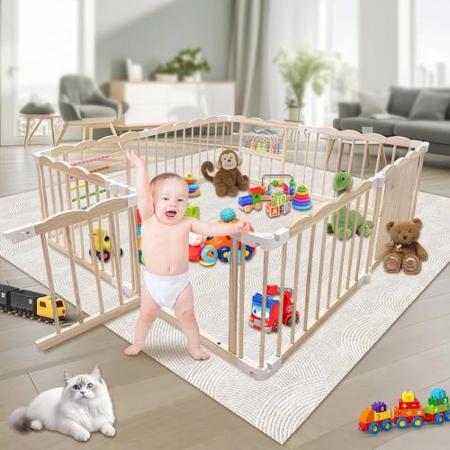 Baby Playpen - 60 x 60 x 24 in Adjustable Multi-Shape Wood Play Yard, Foldable Wooden Baby Playpen/Fence Play Area and Activity Center for Babies and Toddlers with Child Proof Lock and Gate
