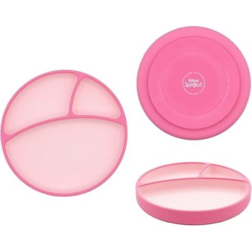 WeeSprout Silicone Suction Plate - Two-Tone Baby Plate with Suction Cup - Sectioned Divided Dish for Kids, Infants, Toddlers - Food-Grade Silicone Dinnerware (Pastel Pink/Bright Hot Pink)