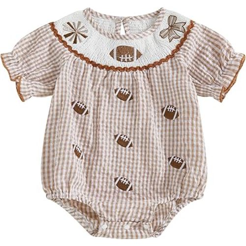 Newborn Baby Girl Football Outfit Rugby Bow Embroidery Plaid Smocked Bubble Romper Bodysuit Cute Football Clothes