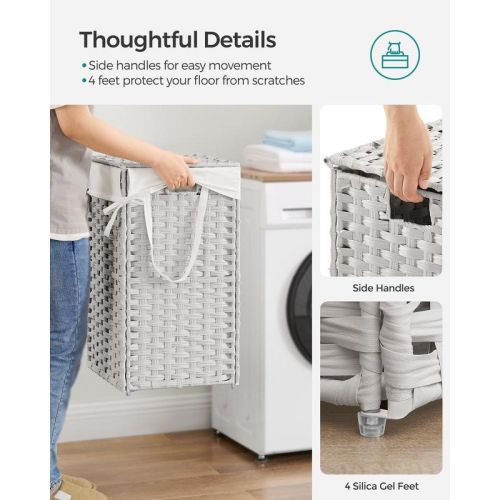 SONGMICS Slim Laundry Hamper with Lid, Synthetic Rattan Clothes Laundry Basket with Lid and Handles, Foldable, Removable Liner, Cloud White