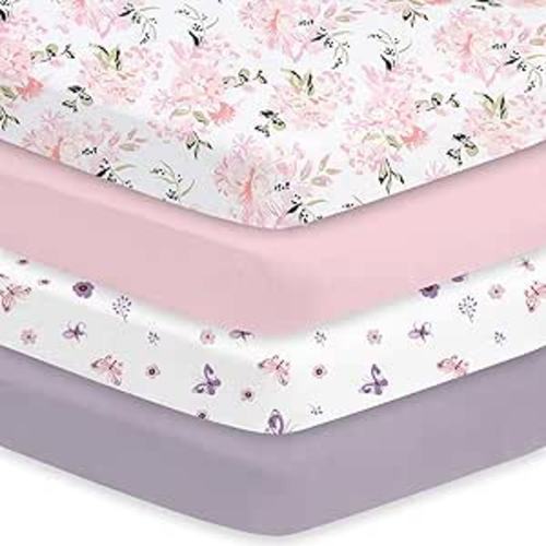 Little Grape Land Crib Sheets Girl 4 Pack, Baby Crib Sheets for Standard Crib & Toddler Mattress, Super Soft Breathable Crib Sheet Set for Girls, Floral & Butterfly