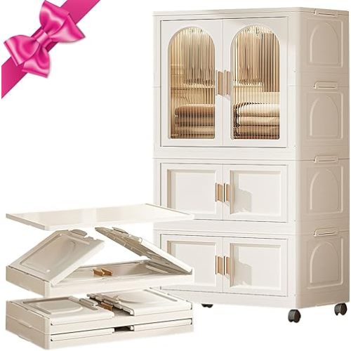 Stackable Storage Bins，Plastic Cabinet,Closet Organizer with Magnetic Door (One Layer of Wardrobe+Two Layers of Folding Boxes+10 Hangers)