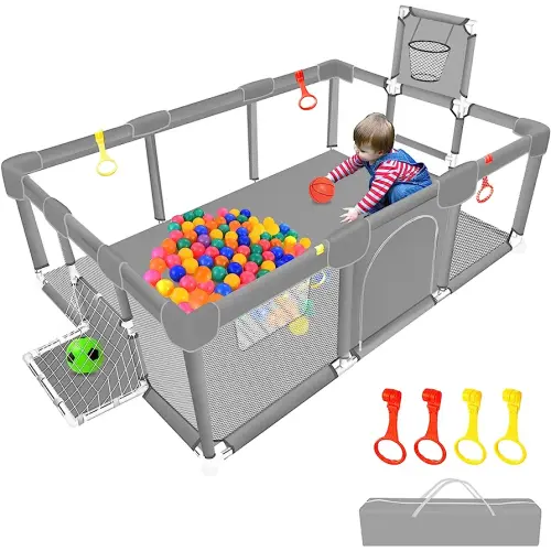 Large Baby Ball Pit Sturdy Play Pen/ Yard W/Basketball Hoop for Babies and Toddlers Children's Fence Play Area, Indoor Outdoor Kids Activity Center, Infant Safety Gates (Grey)