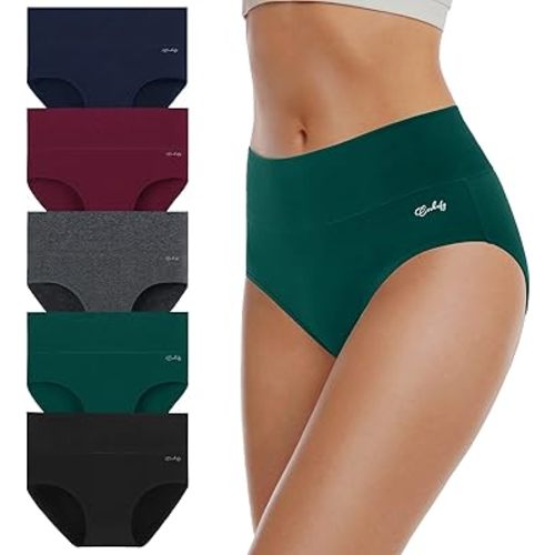 coskefy Women's High Waisted Cotton Underwear Soft Breathable Panties Stretch Briefs Seamless Ladies Panties 5 Pack