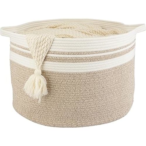 Large Cotton Rope Basket Blankets Basket Living Room 22"x14" Toy Baskets for Kids Rope Storage Basket for Nursery Woven Laundry Baskets for Clothes Towels Baby Toy Storage round white brown