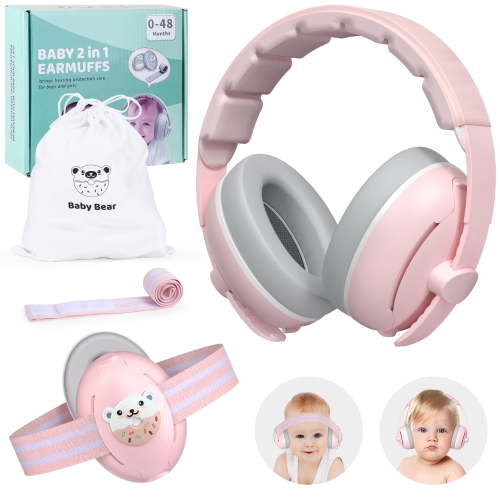PERRYHOME 2-in-1 Baby Earmuffs Noise Cancel Hearing Protection Headphone，Adjustable Baby Headphones with Stretchy Band, Baby Airplane Ear Protection /Outdoor (Pink)