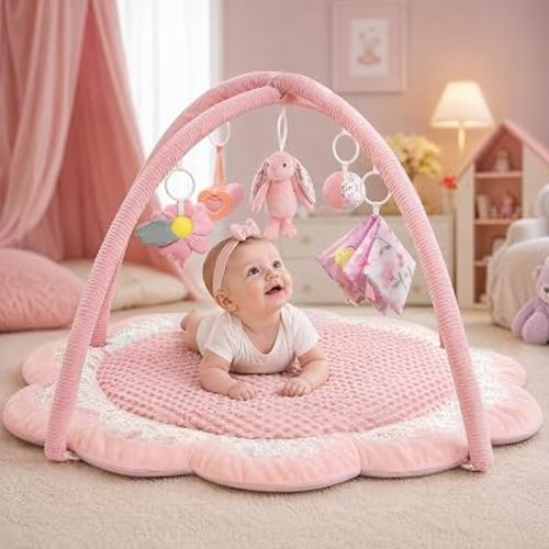 SULIFEEL Plush Baby Girl Play Gym, Extra Thick Playmat with Sensory Toys