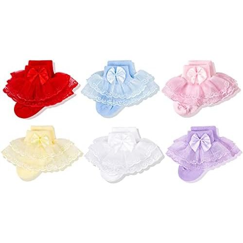 CozyWay Toddler Socks Lace Ruffle Baby Girl Socks Frilly Eyelet Trim Ankle Dress Socks - Multi Color - 6 Pack