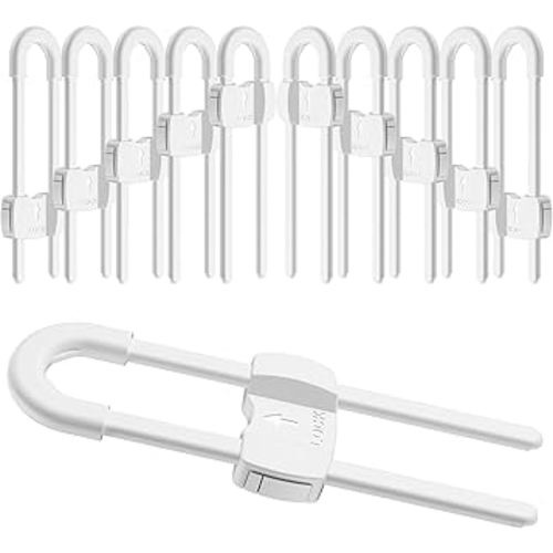 (10 pack white) 4 button Cabinet Locks, U-Shaped Proofing Drawers Safety Child Locks Adjustable, for Wardrobe,Kitchen,Bathroom,Drawer,Fridge,Cupboard Doors Knobs & Handles