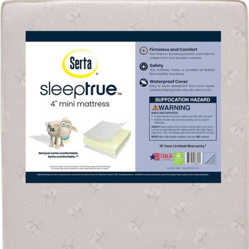 Delta Children Serta SleepTrue Mini Crib Mattress, Premium Sustainably Sourced Fiber Core, Hypoallergenic & Waterproof Cover, Greenguard Gold Certified - Made in USA, White