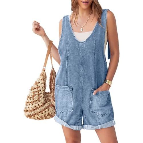 Glamaker Womens Denim Romper Overalls Casual Sleeveless V Neck Jean Overall Shorts Jumpsuit Summer Outfits 2026