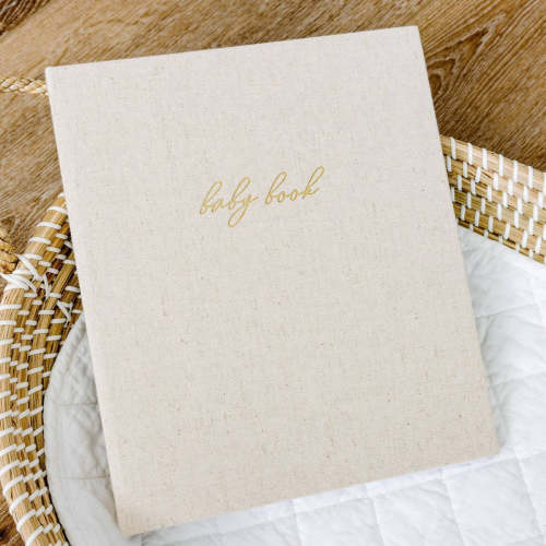 Linen Baby Book + Keepsake Box (Sand)