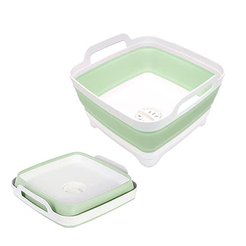 2.4 Gal(9L) Collapsible Dish Basin with Drain Plug, Space Saving Outdoor Multiuse Foldable Sink Tub, Dishpan, Kitchen Storage Tray for Camping, Vegetable Washing, RV (Green)