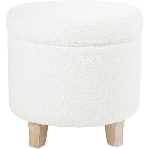 HomePop Round Transitional Faux Sheepskin Fabric Storage Ottoman Home Décor|Upholstered Round Foot Rest Ottoman- Light Cream Large