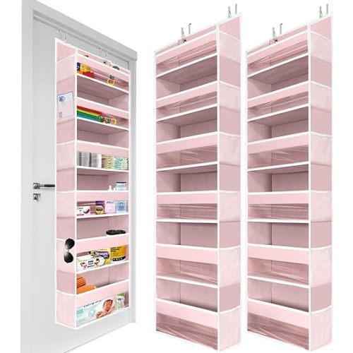HOMELUX THEORY 2 PC Heavy Duty Over the Door Organizer 55x14x6.7, 6 Large Front & 12 Side Pockets, Hanging Storage Closet Door Organizer for Bedroom, Bathroom and Baby Nursery Storage (Baby Pink)
