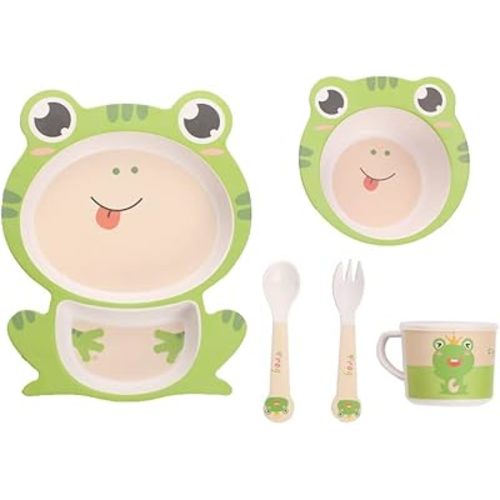 Kids Dinnerware Set Bamboo 5 Pcs with Plate Bowl Cup Fork Spoon (Frog)