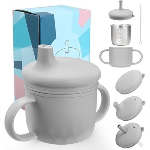 Mity rain 3-In-1 Stainless Steel Sippy Cup for 6+ Month Old, Baby Straw Cups for Toddlers 1-3 with Travel Lid, Silicone Straw, Replacement Straw & Cleaning Brush - 8oz Toddler Cups Spill Proof Set