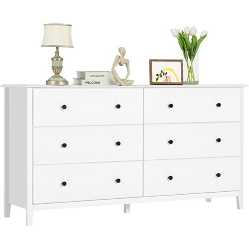Hasuit White Dresser, 6 Drawer Double Dresser, Wood Dresser Chest with Wide Storage Space, Storage Tower Clothes Organizer, Large Storage Cabinet for Bedroom, Living Room, Hallway