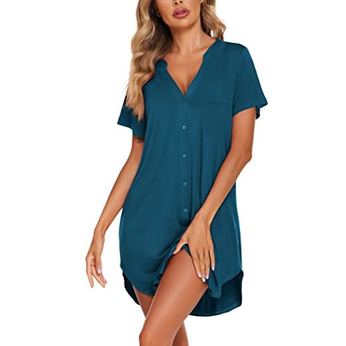 Ekouaer Women V Neck Button Down Nightgown