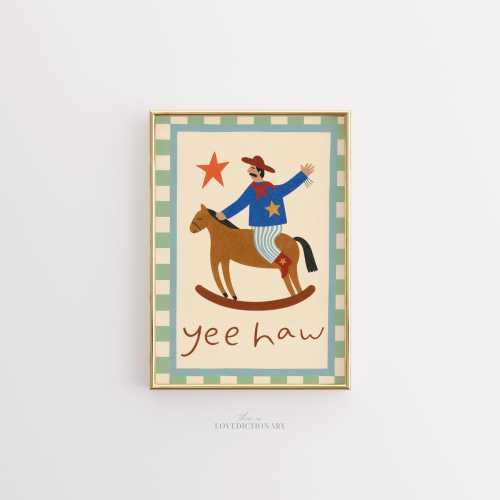 Cowboy Nursery Print, Yee Haw Western Wall Art for Kids Room, Horse Rocking Baby Decor, Country Boy Poster, Rustic Playroom Art