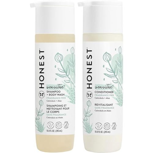 The Honest Company Fragrance Free Bundle for Sensitive Skin | 2-in-1 Cleansing Shampoo + Body Wash and Silicone Free Conditioner | Naturally Derived, Tear free, Hypoallergenic | 20 fl oz