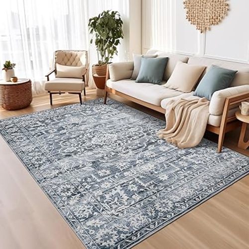 Area Rugs 5x7 for Living Room, Floral Washable Rugs for Dining Room, Bedroom, Kitchen, Vintage Non-Slip Thin Area Rug(Blue, 5'x7')