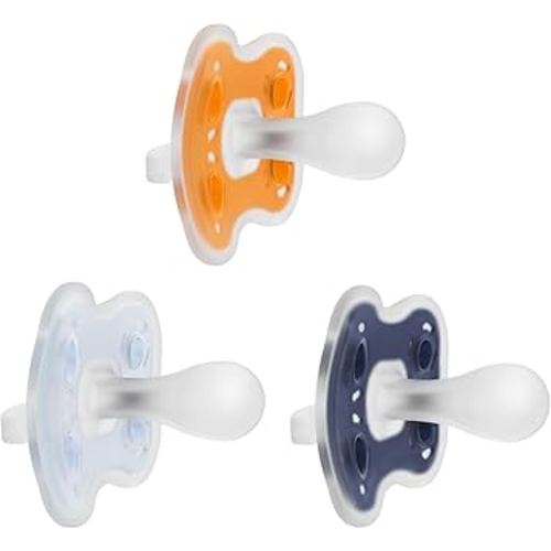 Dr. Brown's Advantage One-Piece Silicone Baby Pacifier, Fully Symmetrical Soother, Dark Blue/Light Blue/Orange, 6-18m, BPA Free, 3 Pack
