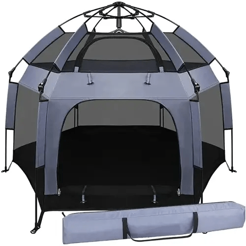 Baby Play Yard Outdoor Baby Playpen with Canopy Beach Tent for Kids and Toddlers Portable Lightweight Pop Up Pack and Play Playards with Travel Bag,61"*61"*49.2" Grey