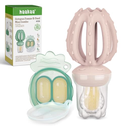 Haakaa Octopus Baby Fruit Food Feeder & Mini Freezer Nibble Tray Combo, Breastmilk Popsicle Molds for Cooling Relief, BPA Free Silicone Feeder for Safe Infant Self Feeding, 4 Month+(Blush)