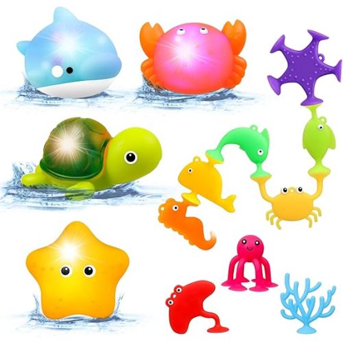 Baby Bath Toys Light Up - No Hole Bath Toys - Sensory Toys for Toddlers - Baby Suction Pool Beach Bathtub Water Toys - Gifts for Boys Girls Kids 6 12 18 Months Age 1 2 3 Year Old Birthday