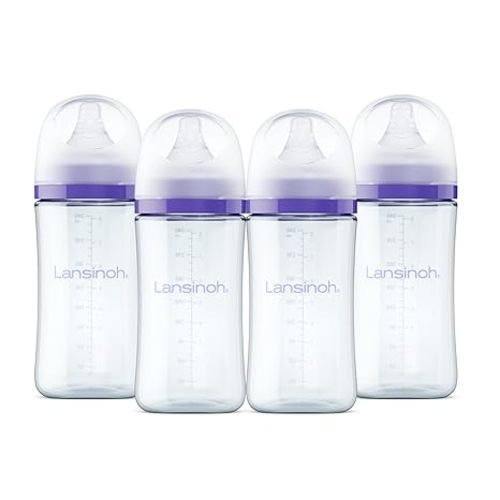 Lansinoh Anti-Colic Glass Baby Bottles, 8 Ounces, 4 Count Bottles for Feeding, Baby Essentials, Includes 4 Medium Flow Nipples, Size M