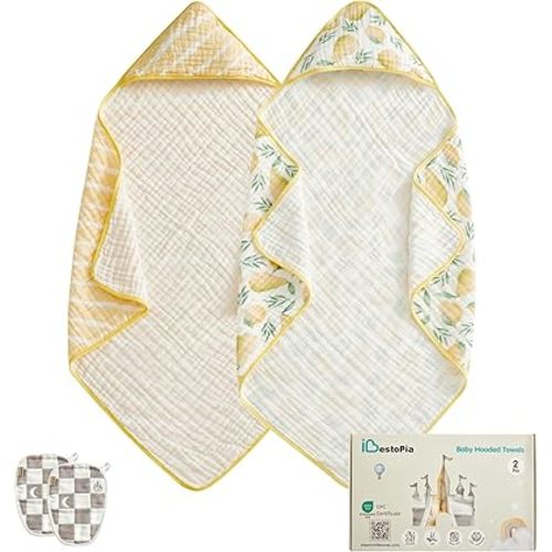2-Pack Baby Hooded Bath Towels 32x32 Inch, 100% Cotton Soft Absorbent, Cute Starry Waves & Pear Prints, Gift Box Set with 2 Wash Mitts