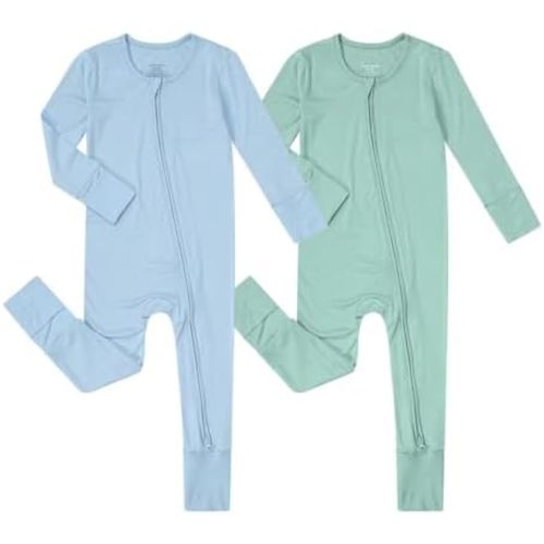 Teach Leanbh Unisex Baby 2 Pack Bamboo Viscose Pajamas with Mittens and Feet Cuffs 2 Way Zipper Long Sleeve Romper