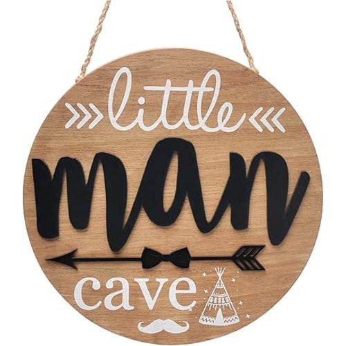 Little Man Cave Boys Baby Toddler Room Decor Wooden Circle Door Sign for Hanging Woodland Nursery Decor Little Boy Kids Bedroom Living Room Wall Decor