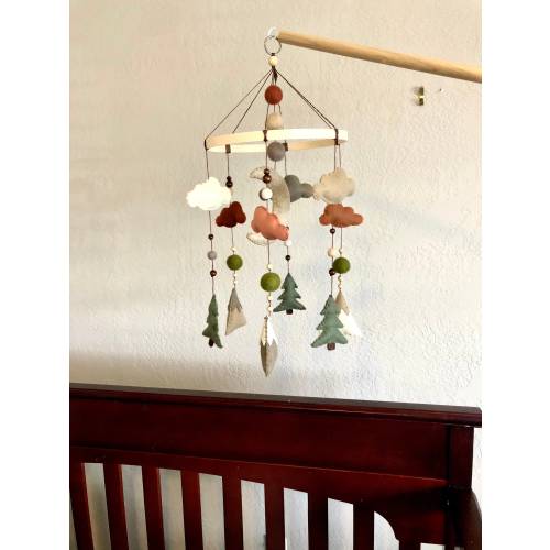 Felt mountain woodland mobile; Neutral nursery decor; boy girl rustic decor; Rust, sunset, warm natural nursery