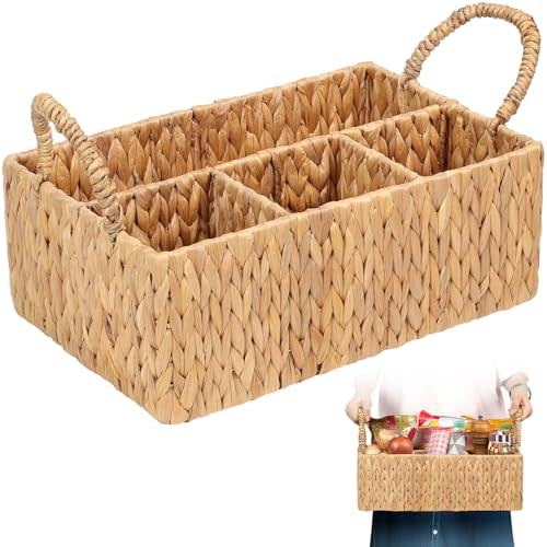 Divided Water Hyacinth Baskets with Handles, Storage Basket Woven Natural for Organizing Bathroom Kitchen Shelves Office Supplies Organization, Wicker Storage Baskets 4 Section Rectangular Tray