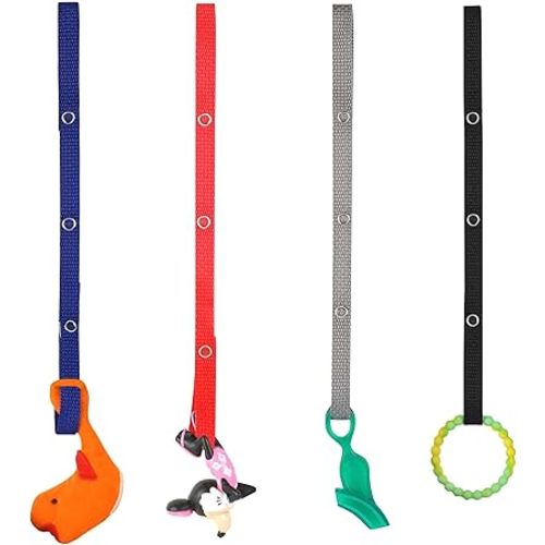 Baby Buddy Secure-a-Toy, Adjustable Pacifier and Teether Strap for Stroller, Highchair, and Car Seat, Royal Orange Gray Black, 4 Pack
