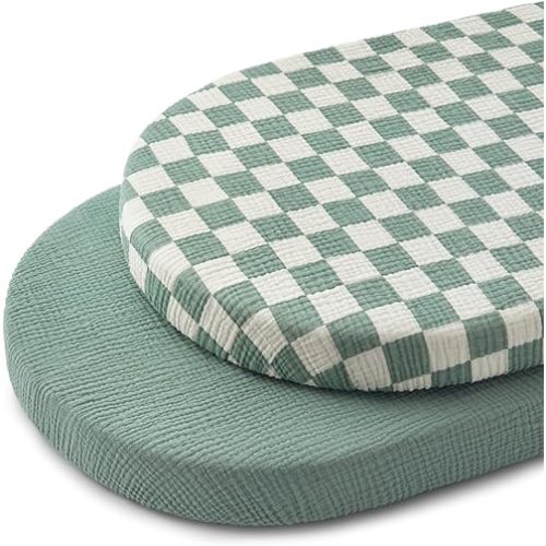 Blissful Diary Muslin Bassinet Sheets for Baby Girls Boys, Boho Soft Cotton Fitted for Oval Hourglass Rectangle Mattress, 2 Pack(Sage Checkboard & Sage Green)