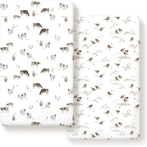 Stretch Ultra Soft Jersey Knit Fitted Crib Sheets Set 2 Pack,Fit All Standard Crib Mattress Pads Safe and Snug, Crib Fitted Sheet for Baby, Cute Watercolor Cows and Birds Print