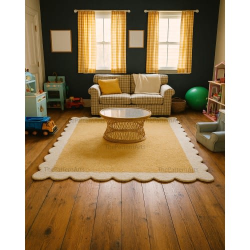 Yellow Scalloped Edge Wool Rug – Modern Playroom Carpet, Handmade Minimalist Area Rug, Cozy Nursery Decor, Soft Textured Floor Mat