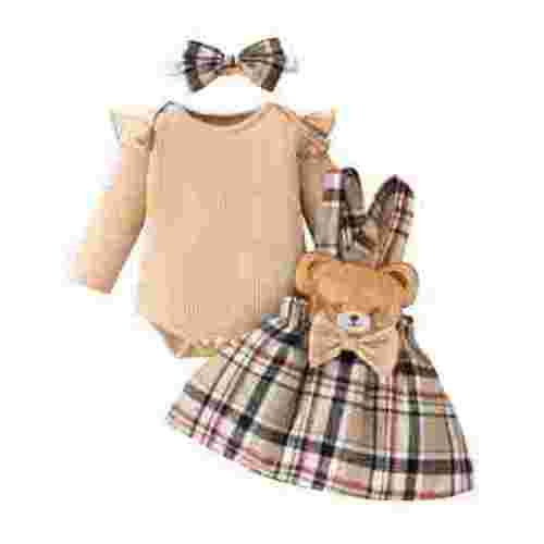 Dezsed Newborn Infant Girl Clothes Rib Knit Romper Print Suspender Skirt Headband Sets Baby Clothes for Girls for 3-6 Months Khaki on Clearance