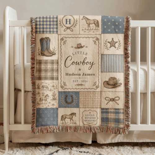 Personalized Little Cowboy Woven Blanket, Custom Name Western Baby Throw, Rustic Nursery Gift For Baby Boy