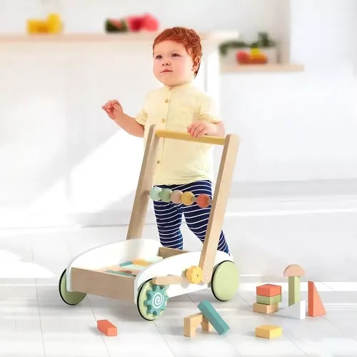 Wooden Baby Push Walker with Blocks for Toddlers Learning to Walk