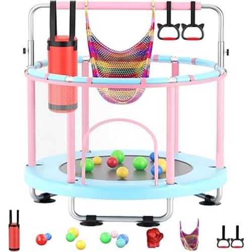 55" Toddler Mini Trampoline for Kids, Indoor Outdoor Toys with Swing, 440lbs Baby Kids Trampoline, Gymnastics Bar, Birthday Gifts for Boy Girl Age 1-8