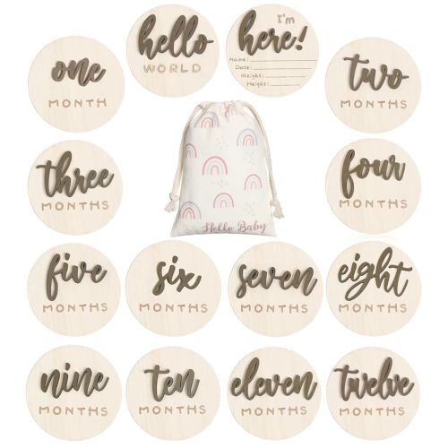 3D Baby Milestone Wooden Circles Hello World Newborn Sign 7 Pack Double Sided Monthly Milestone Cards Sign Baby Announcement Sign for Newborn Shower Photo Props(Brown)