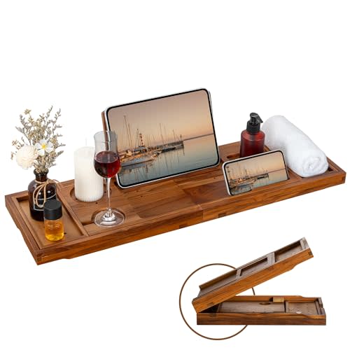 Teak Bathtub Tray - Luxury Bath Tray with Expandable Handles, Wine Glass and Phone Holders, Book Stand - Perfect for Home Spa Relaxation and Reading - Natural Bath Accessories