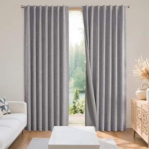 Joydeco Black Blackout Curtains for Bedroom - Linen Curtains96 inch, 100% Thermal Insulated 2 Panels Light Blocking Drapes, Rod Pocket & Back Tabs, Darkening Privacy for Living Room