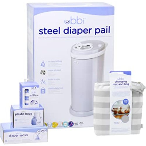 Ubbi Diaper Changing Value Gift Set, Baby Registry Gift, Includes Gray Diaper Pail, Absorbing Gels, Travel Changing Mat & Bag, Diaper Pail Waste Bags and On-the-Go Waste Sacks