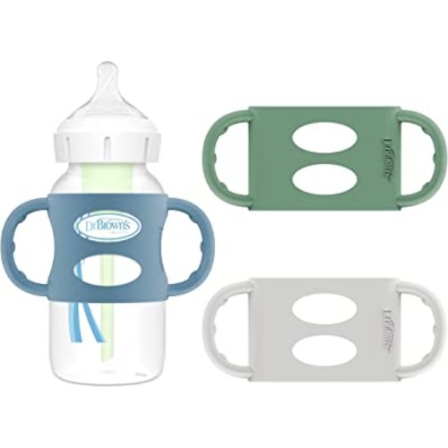 Dr. Brown's Milestones 100% Silicone Baby Bottle Handles, Wide-Neck, Removable Easy-Grip Transitional Sippy Cup Handles, Light Blue, Green, Gray, 4m+, 3 Pack
